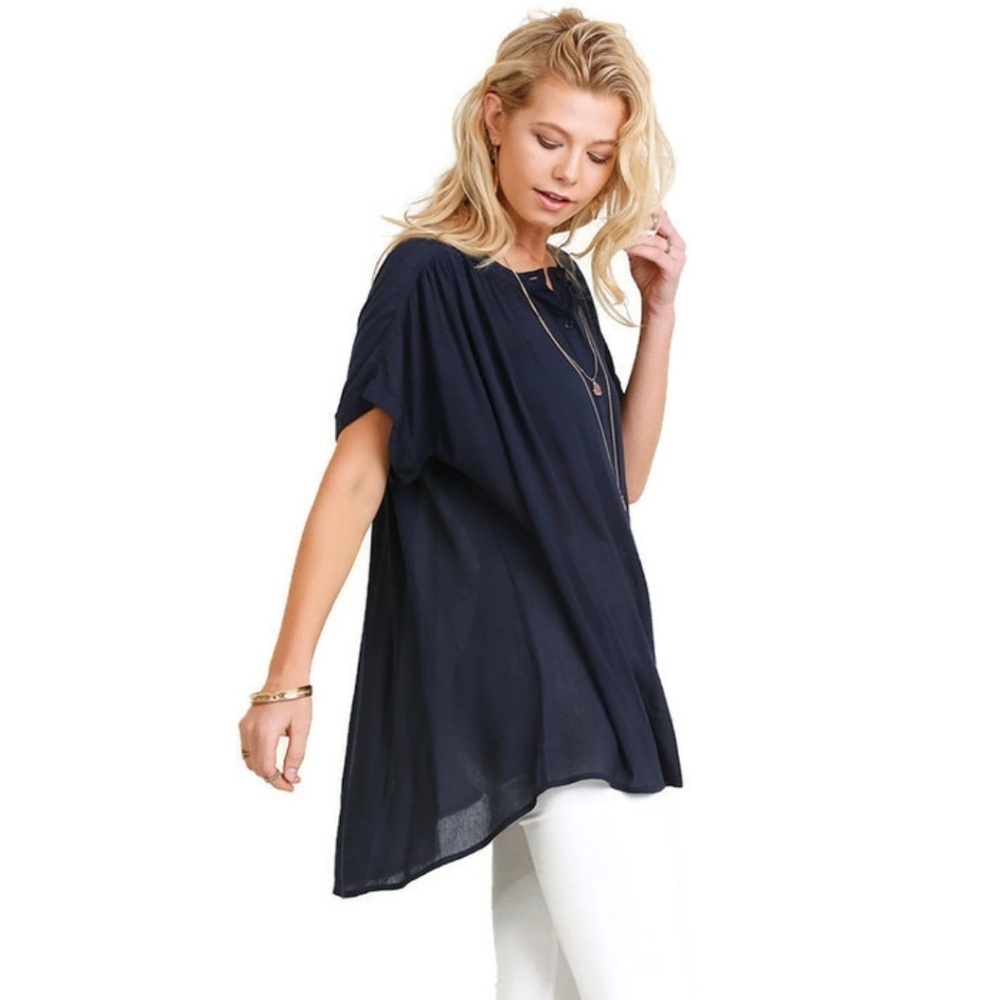 Navy Mandarin Collar Button Up Tunic - Picture 2 of 3